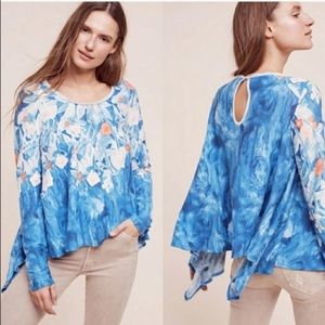 Anthropologie Meadow Rue Linen Fields Floral Print Top Blue Boho Size XS